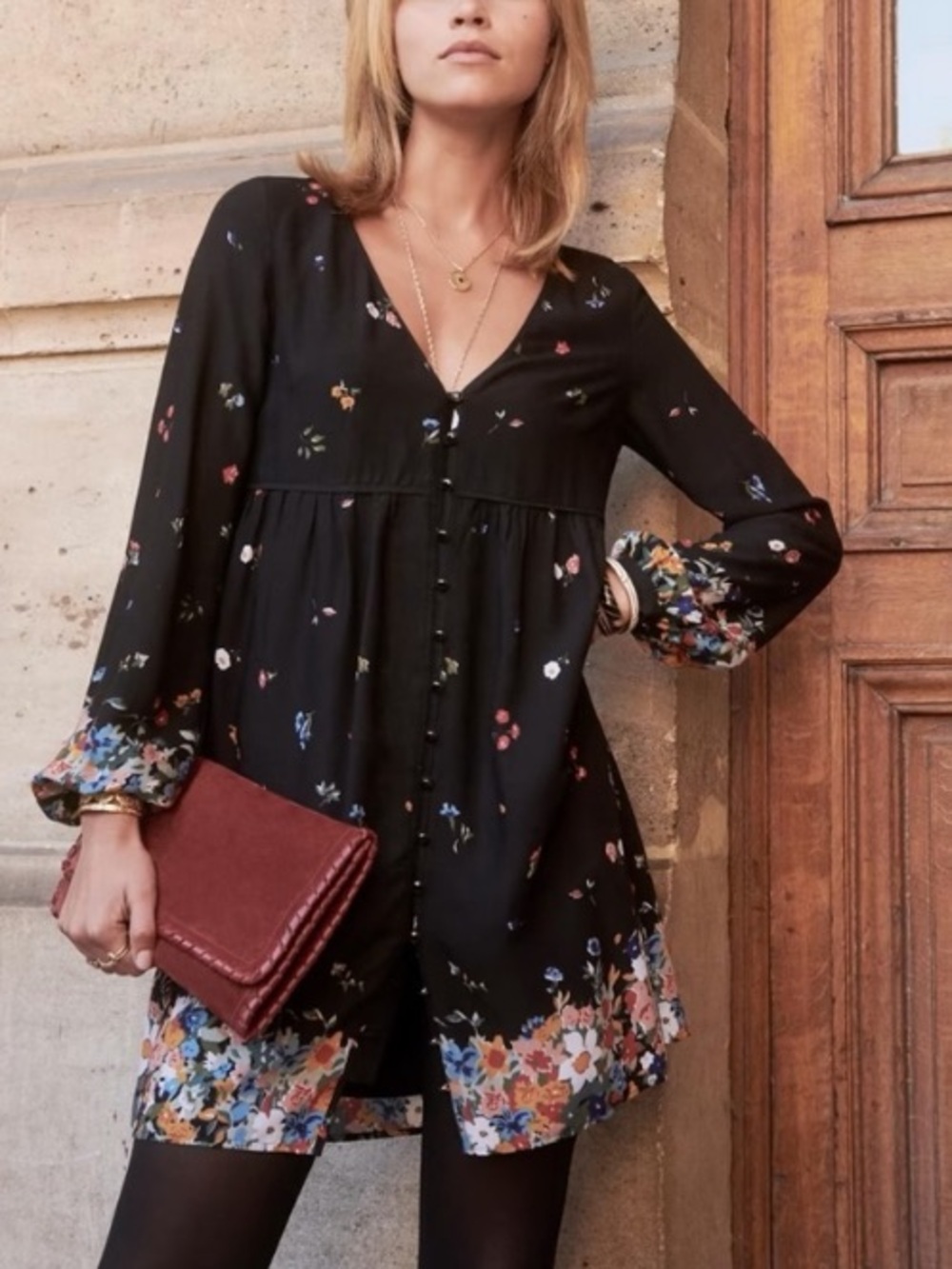 Sezane Carina Mini Dress Black Floral FR 40 US 8 French Boho Feminine Babydoll